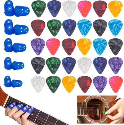 Guitar Picks Set met 30 Stuks, 10 Vingerbeschermers en 5 Maten Siliconen Cots voor Gitaar en Ukulele, Ideaal voor Muziekliefhebbers