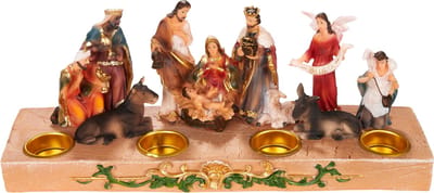 BRUBAKER Kerststalfiguur kandelaar - kerststal voor kaarsen met 3 cm Ø - 29 cm tafelkribbe kerstfiguur met handgeschilderde figuren Jezus, Maria, Jozef en Koningen - adventskaarsenhouder