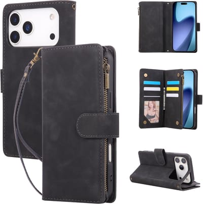 YPCd Wallet Case Pasjeshouder met Rits – Geschikt voor Apple iPhone 17 Pro – Luxe Bookcase Hoesje met 6 Pasjesvakken & Polsbandje – Zwart