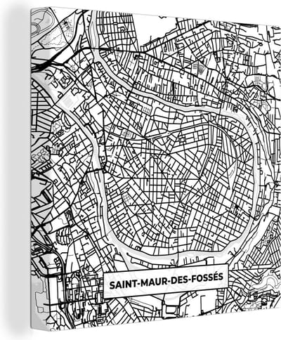 Canvas Schilderij Plattegrond - Kaart - Frankrijk - Saint-Maur-des-Fossés - Stadskaart - Zwart wit - 20x20 cm - Wanddecoratie