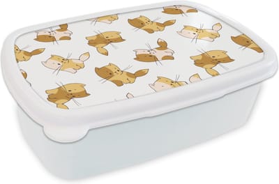 Broodtrommel Wit - Lunchbox - Brooddoos - Patronen - Kat - Kitten - Jongens - Meisjes - Kinderen - Kindje - 18x12x6 cm - Volwassenen