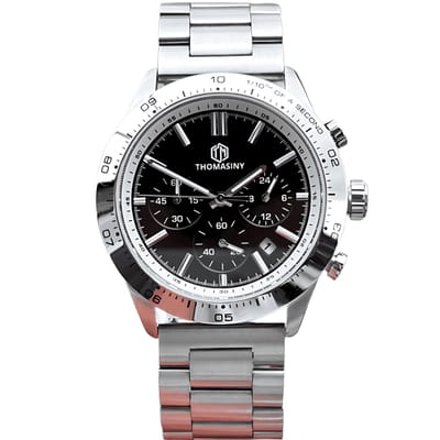 THOMASINY Chronograaf Horloge - Heren Horloge - Zilver Met Zwarte Accenten - Zilverkleurige Stalen Band