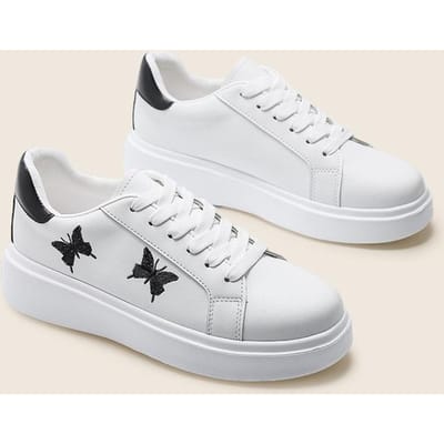 Baskets Femme Semelle Épaisse Broderie Blanche Papillon Chaussures Décontractées Fille Cuir 36 -41 Lacets Semelle Gâteau Éponge Tout Assorti 36 white