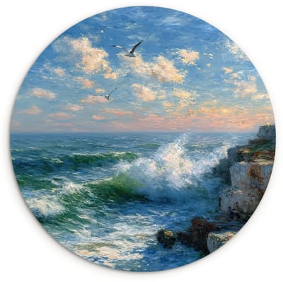 WallCircle® Wandcirkel 120x120 cm - Muurcirkel Zee - Golven - Rotsen - Meeuwen - Muurdecoratie woonkamer - Wanddecoratie slaapkamer - Kamer decoratie accessoires - Ronde schilderijen XXL