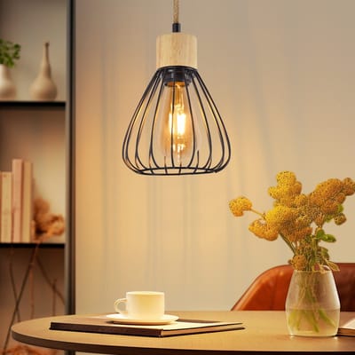 NETTLIFE Hanglamp - Metaal - Zwart - 1-Lichts - E27 Fitting - Vintage Eettafel Hanglamp - Hennep Touw van Hout - Industrieel Hanglamp - voor Eetkamer | Keuken | Woonkamer-excl. lichtbron