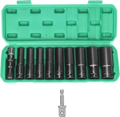 11-delige slagmoersleutelmoeren set 1/2 inch met doppenadapter 1/4 inch, lange doppenset voor elektrische en pneumatische boormachines