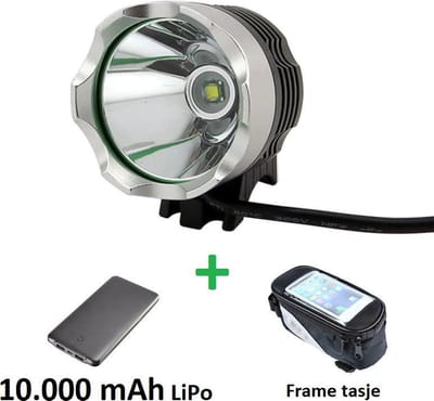 1200 lumen MTB/race LED koplamp set CREE T6 USB aansluiting - EXTREEM veel licht - 100 meter- met 10.000mAh LiPo Powerbank en handig frametasje
