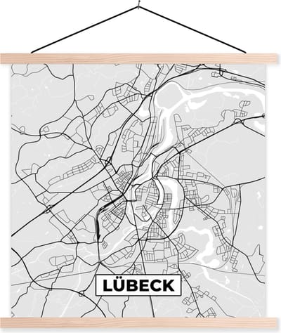 Posterhanger incl. Poster 40x40 cm - Schoolplaat - Duitsland - Stadskaart - Plattegrond - Lübeck - Kaart - Textielposter - Blanke latten - Stadskaart
