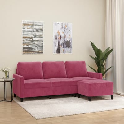 vidaXL - Driezitsbank - met - voetenbank - 180 - cm - fluweel - wijnrood