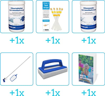 Zwembad Onderhoudspakket - Onderhoud Zwembad - bevat Chloor - Testrips - Chloor - Schoonmaakset - Scrubborstel en Zwembadgids (6-delig)