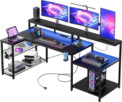 Gamingtafel 181 cm met RGB-verlichting, 3 AC-stopcontacten en 2 USB-oplaadpoorten voor PC en Monitor