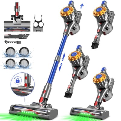 Fukstern Steelstofzuiger Draadloos – 50 kPa Sterke Zuigkracht – Tot 60 Min Accuduur – Anti-haarwikkel Vloerborstel – Inclusief 4 HEPA-filters – 1,6L Stofreservoir – Groene LED Stofdetectieverlichting – Blauw