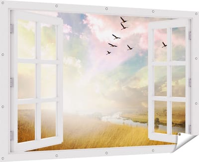Gards Tuinposter Doorkijk Groep Vogels Vliegen Boven het Gras - 180x120 cm - Tuindoek - Tuindecoratie - Wanddecoratie buiten - Tuinschilderij