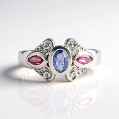 Cavill - Zilveren ovale ring met 0,45 ct blauwe Ceylon saffier - 925 sterling zilver - platina verguld - roze toermalijn & zirconia