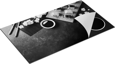 Chefcare Inductie Beschermer Sushi met Soja Saus op een Zwarte Marmeren Plaat - Zwart Wit - 90x50 cm - Afdekplaat Inductie - Kookplaat Beschermer - Inductie Mat