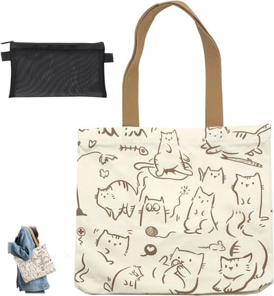 Schattige Herbruikbare Grote Cat Tote Bag van Canvas met Rits en Vakken, Ideaal voor Cat Lovers en als Cadeau voor Dierenliefhebbers