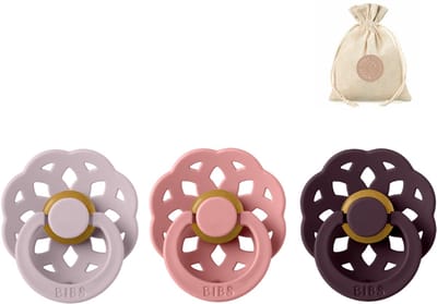 Bibs boheme fopspenen - Maat 1 0 - 6 maanden - Dusky Lilac , Dusty Pink, Plum + Bolletoet speenzakje