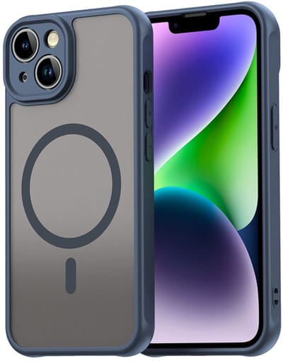 MobyDefend Hoesje - Geschikt voor iPhone 14 - Case Geschikt voor MagSafe - Mat Transparant Met Gekleurde Rand - Blauw