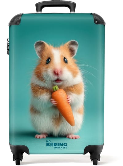 NoBoringSuitcases.com - Koffer - Hamster met een wortel op een blauwe achtergrond - Past binnen 55x40x20 cm en 55x35x25 cm - Trolley handbagage - Valiezen met wieltjes volwassenen - Reiskoffer op wielen - Rolkoffer lichtgewicht