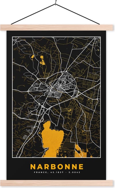 Posterhanger incl. Poster 40x60 cm - Schoolplaat - Kaart – Stadskaart – Narbonne - Plattegrond – Frankrijk - Textielposter - Blanke latten - Stadskaart