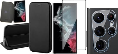 Hoesje geschikt voor Samsung Galaxy S22 Ultra - Book Case Kunstlederen Wallet Cover Minimalistisch Pasjeshouder Hoes Zwart - PET Glasfolie Screenprotector - Camera Lens Tempered Glass Protector