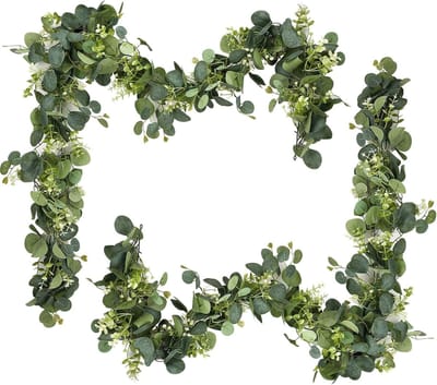 Dailygoods- Eucalyptus Slinger 180 cm - Kunstplant - Hangende Eucalyptusrank - Decoratie met Witte Bloemen - 2 Stuks - Diepgroen
