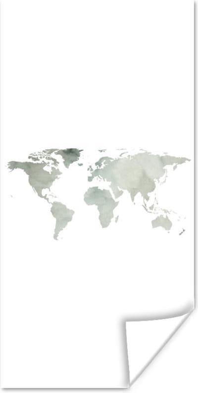 Poster 75x150 cm - Wereldkaart - Groen - Grijs - Posters - Kamer decoratie - Wanddecoratie woonkamer - Muurdecoratie slaapkamer
