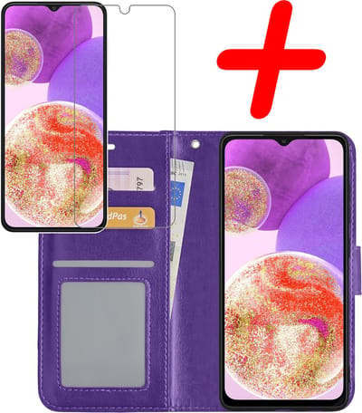 Hoesje Met Screenprotector - Geschikt voor Samsung Galaxy A23 - Luxe Pasjeshouder - Bookcase Portemonee - Flip Case - Kunstleer Book Case - Flipcase - Book Cover - Walletcase - Portemonneehoes - Paars