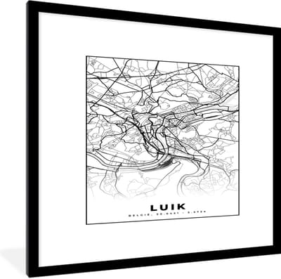 Fotolijst incl. Poster Zwart Wit- Stadskaart – Zwart Wit - Kaart – Luik – België – Plattegrond - 40x40 cm - Posterlijst