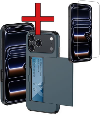 Hoesje Geschikt voor iPhone 17 Pro Max / 18 Pro Max Hoesje Met Pasjeshouder Hard Case Met Kaarthouder Met 2x Screenprotector - Hoes Geschikt voor iPhone 17 Pro Max / 18 Pro Max Hoesje Pashouder Case - Donkerblauw