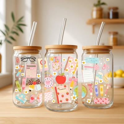 Creasowl® Back to School Glazen Beker 500 ml – met deksel & rietje – Smoothie beker | Iced Coffee glas | Herbruikbare drinkbeker – Leuk voor school, werk & onderweg – Duurzaam cadeau