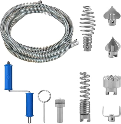 Buisreinigingsspiraal van 5 m met 12 mm diameter, afvoerreinigingsset met snijkoppen en adapters voor handboormachine, ideaal voor toilet en wastafel reinigen