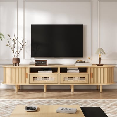 TV-Meubel - 170x40x40 cm - Met Rotan Lades En Schuifdeuren - Voor 70 Inch TV - Hout - Natuur