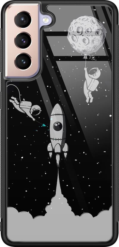 Hoesje geschikt voor Samsung Galaxy S21 - Space shuttle - Luxe Glazen Hardcase - Sterren - Grijs