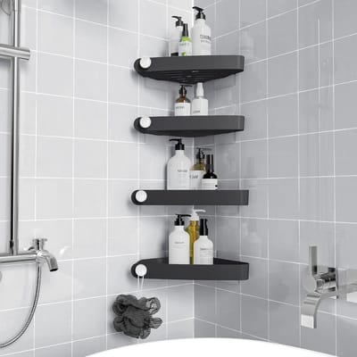 4-Pack Hoekdouchehouder met Enkele Boorgaten en Lijmplaat, Roestvrij Plastic Douche Organizer voor Badkamer, Keuken en Toilet (Zwart)