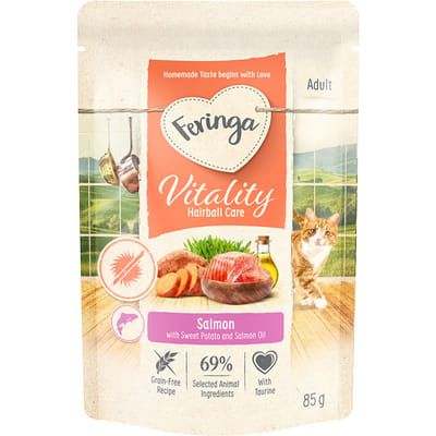 12x85g Feringa Vitality Hairball Care anti-haarbal zalm natvoer voor katten