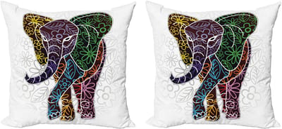 ABAKUHAUS Decoratieve kussenhoes met olifantenmotief, 2 stuks, bloemen en tribale vorm 40x40 cm, wit, gro paars