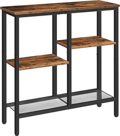 TRANKIELO® - Rustieke 4-Laags Consoletafel – Industriële Bijzettafel met Metalen Gaasplank – Sofatafel met Verstelbare Poten voor Woonkamer en Hal