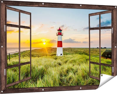 Gards Tuinposter Doorkijk Vuurtoren met Zonsopgang op een Eiland - 150x100 cm - Tuindoek - Tuindecoratie - Wanddecoratie buiten - Tuinschilderij