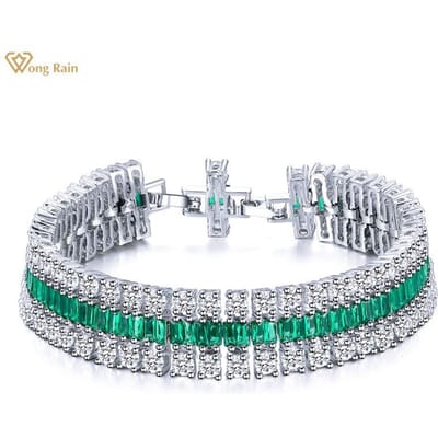 Wong Rain Vintage 100 % 925 Sterling Silver Created Moissanite Emerald Gemstone Bangle Charm Bracelets Fine Jewelry Wholesale gray