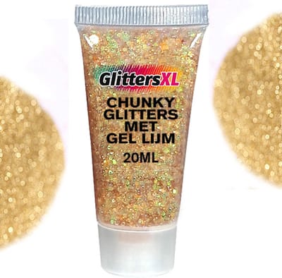 Chunky Glitters met Gel Lijm Tube (Goud) [Volume 20ML - Festival Jewels Glitter Outfit Lichaam en Gezicht - Make-up Diamond Dots Face Body - Diamantjes Strass Steentjes - Kinderen Volwassenen Dames Makeup Tattoo Mastix Schmink - Glitter Tattoo Set]