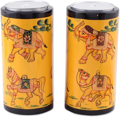 Set van 2 Houten Kandelaars Theelichthouders met Olifant en Paard Design