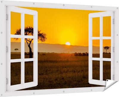 Gards Tuinposter Doorkijk Zonsopgang in de Savanne met een Boom - 180x120 cm - Tuindoek - Tuindecoratie - Wanddecoratie buiten - Tuinschilderij