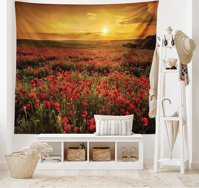 ABAKUHAUS Poppy Tapestry, Sunset Meadow Farmland gemaakt van zachte microvezelstof die wasbaar is zonder te vervagen Digitale print, 150 x 110 cm, Calendula Scarlet