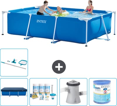 Intex Rechthoekig Frame Zwembad - 300 x 200 x 75 cm - Blauw - Inclusief Afdekzeil - Onderhoudspakket - Zwembadfilterpomp - Filter - Schoonmaakset - 6-delig