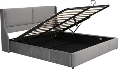 Gestoffeerd bed, oorvormig, kussenachtig hoofdeinde, tweepersoonsbed, hydraulisch bed, 160 x 200 mm, grijs