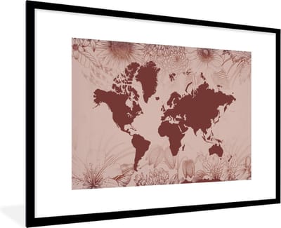 Fotolijst incl. Poster - Wereldkaart - Bloemen - Rood - 120x80 cm - Posterlijst