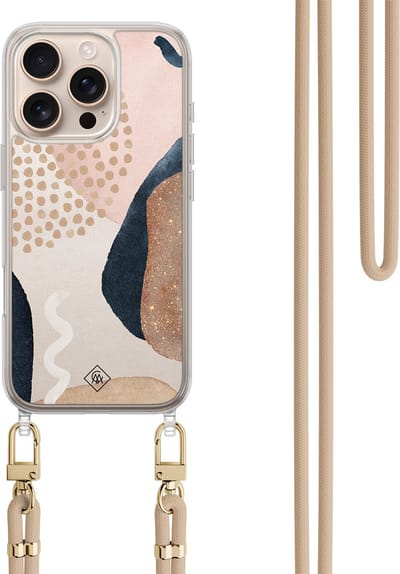 Casimoda® hoesje met koord - Geschikt voor iPhone 16 Pro Max - Abstract Dots - Afneembaar koord - TPU/polycarbonaat - Bruin/beige