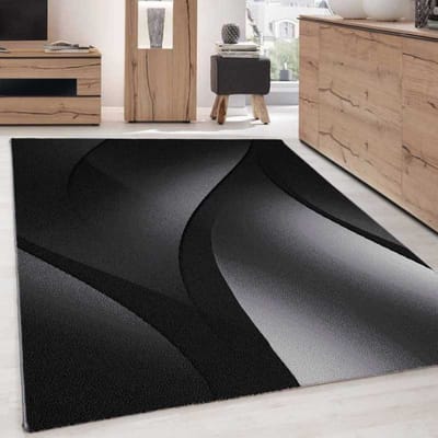 Modern abstract vloerkleed met optisch golfpatroon, zwart en grijs 80x300 cm