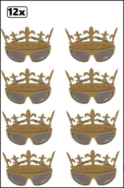 12x Bril glittergoud queens - bril koningin prinses queen goud  carnaval festival thema feest landen optocht